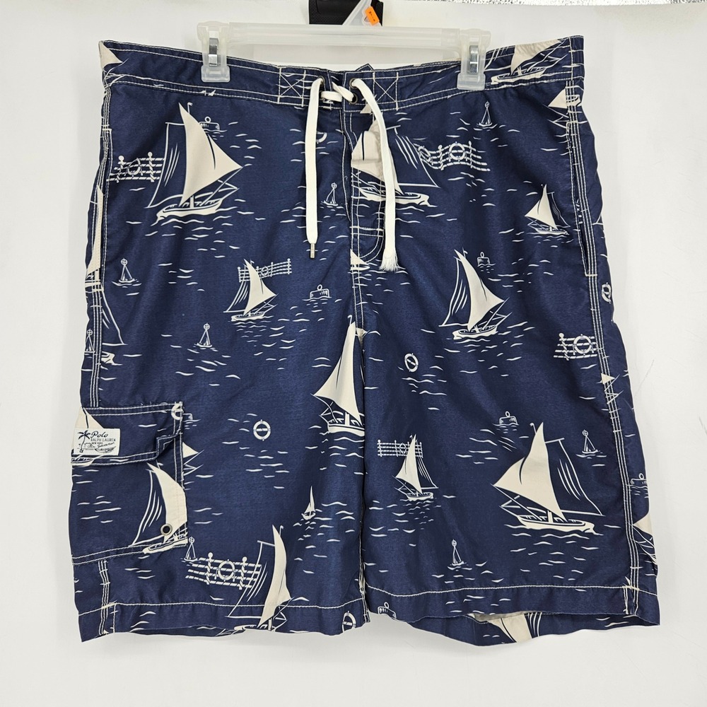 Polo Ralph Lauren Board Shorts Mens Large Blue Sails AOP Summer Liner Beach